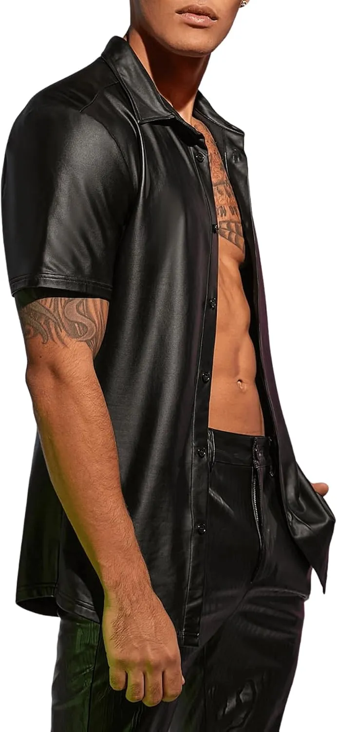 WDIRARA Men's PU Leather Button Down Short Sleeve Dress Shirt Casual Streetwear Top