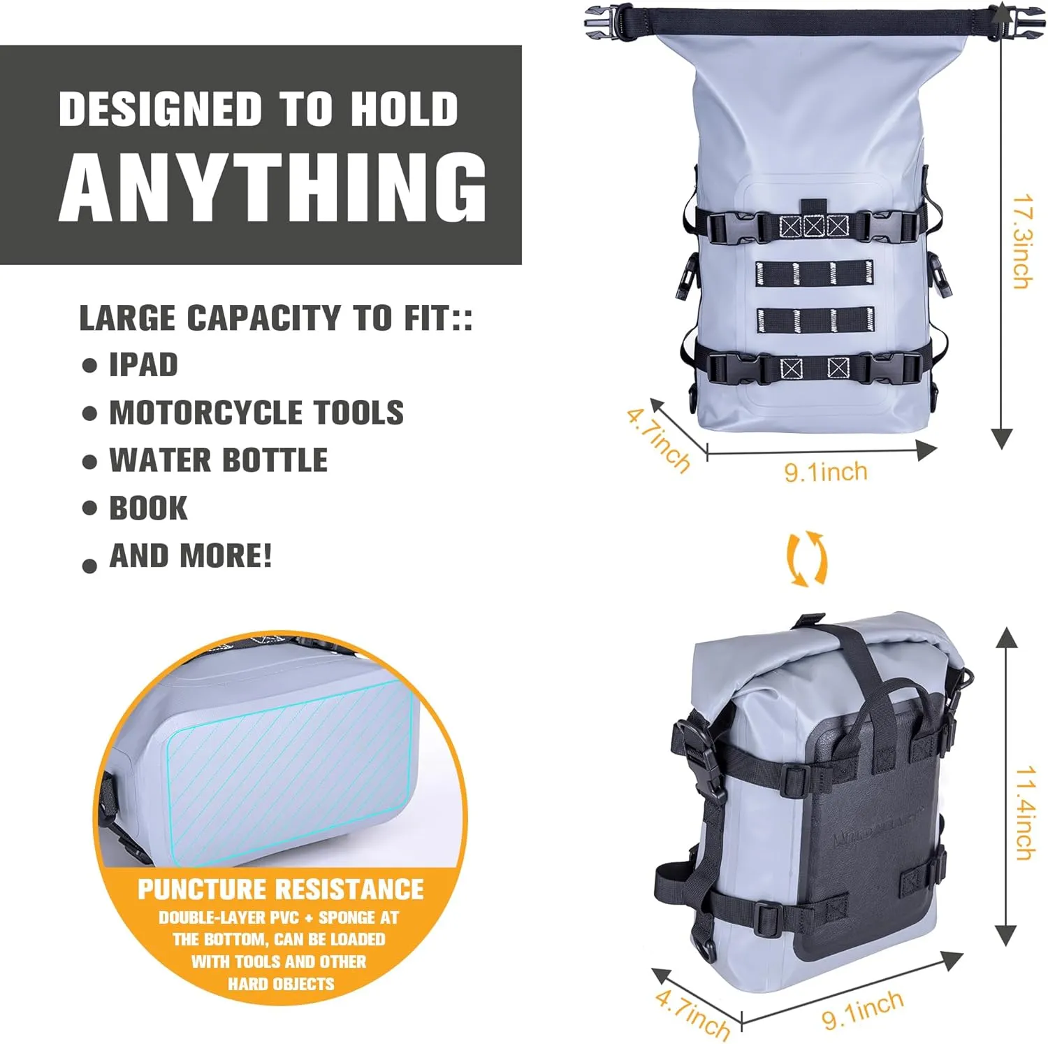 WILD HEART Waterproof Crash Bar Bags 6L/8L/15L Motorcycle Bag used as Motorcycle Luggage Sissy Bar Back Seat Saddle Rack Rear Fender Pouch Dirt Bike Gear Side Tool Bag Pack for moto ATV