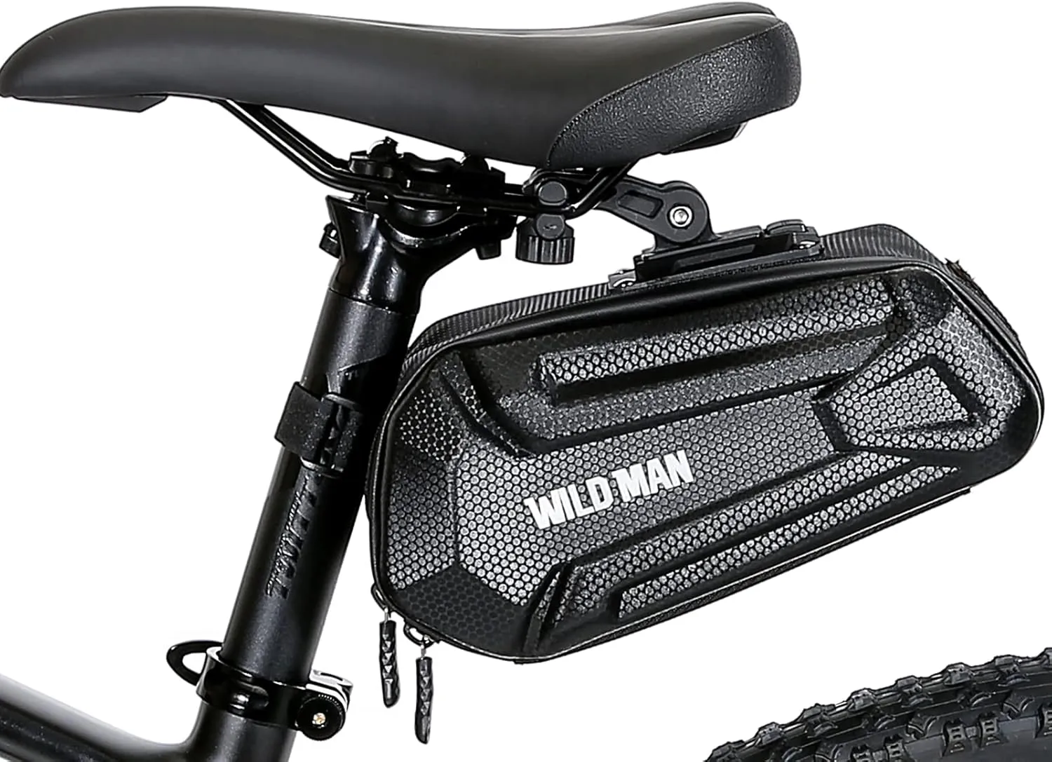 WILD MAN 3D Hard Shell Bike Seat Bag with Silver Reflective Strip, Quick Release 1.2L (Black)