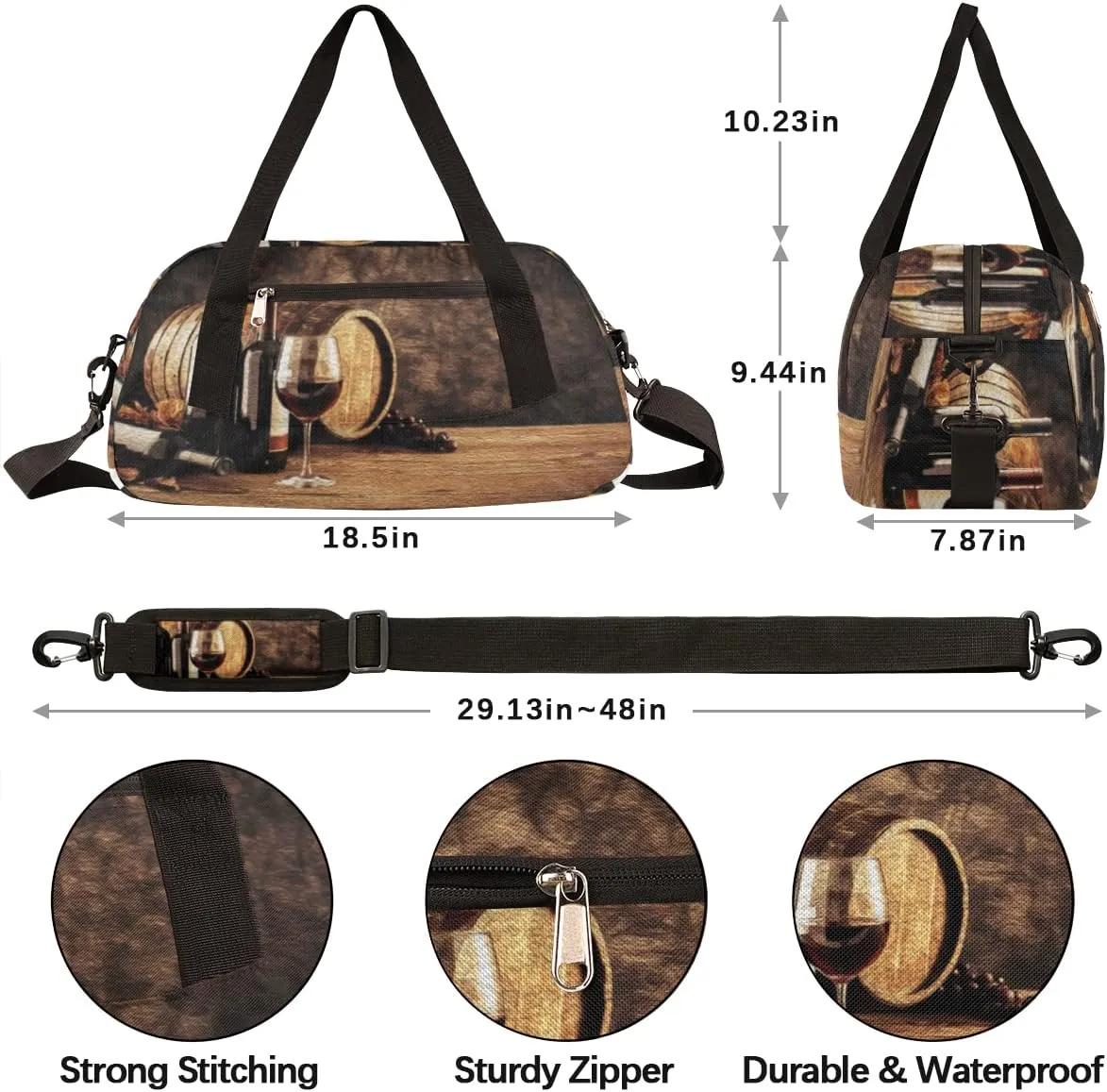 Wine Glass Wooden Barrel Wine Bottle Kids Duffel Bag for Girls Boys Teens, Wine Oil Painting Dance Bag Overnight Small Duffel Bag Carry On Weekend Sports Gym Travel Bag for School Practice Gymnastics Ballet