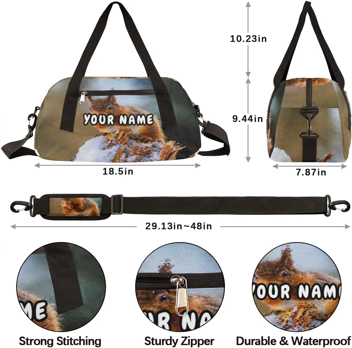 Winter Cute Squirrel Personalized Kids Duffel Bag for Girls Boys, Squirrel Customized Name Dance Bag Overnight Small Duffel Bag Carry On Weekend Sports Gym Travel Bag for School Practice Gymnastics Ballet