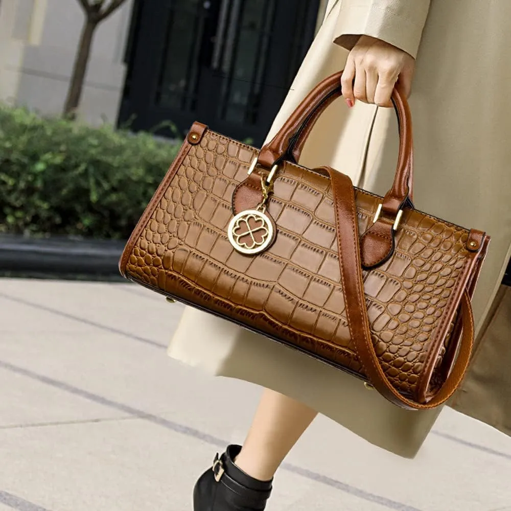 Women Handbags and Purse Crocodile Pattern Leather Top-Handle Handbag Vintage Satchel Bag Long Horizontal Purse Totes