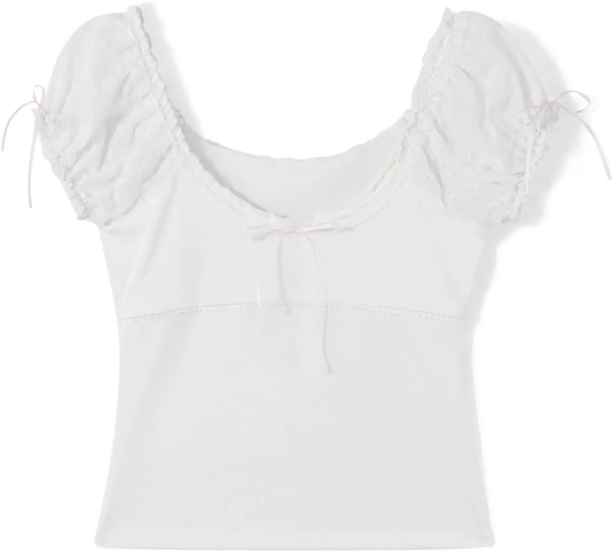 Women Y2K Fairy Cottage T-Shirt Vintage Milkmaid Crop Tops Kawaii Lace Trim Bow Square Collar Short Sleeve Tee Tops