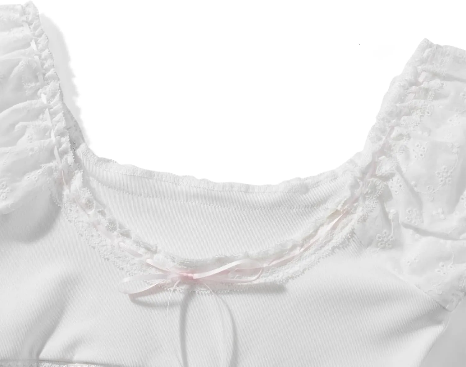 Women Y2K Fairy Cottage T-Shirt Vintage Milkmaid Crop Tops Kawaii Lace Trim Bow Square Collar Short Sleeve Tee Tops