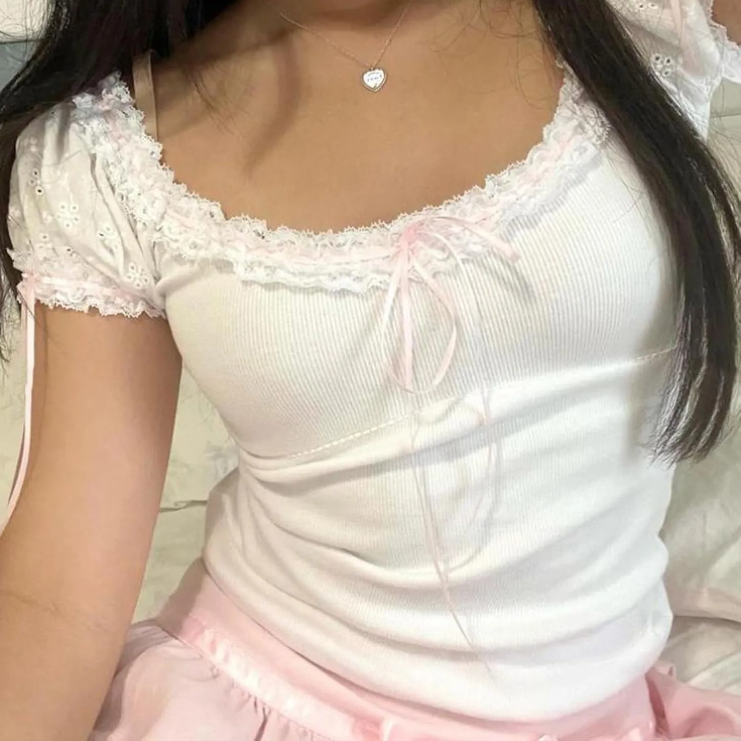 Women Y2K Fairy Cottage T-Shirt Vintage Milkmaid Crop Tops Kawaii Lace Trim Bow Square Collar Short Sleeve Tee Tops