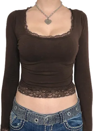 Women Y2k Retro Long Sleeve Shirt Top Slim Fit Lace Trim T-Shirt Harajuku Fairy Aesthetic Tee Tops Streetwear