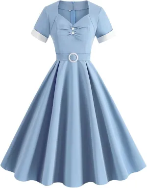 Women's 1950s Retro Dress Short Sleeve Swing Midi Dress Cocktail Dress 50s Style Dresses for Women Vintage