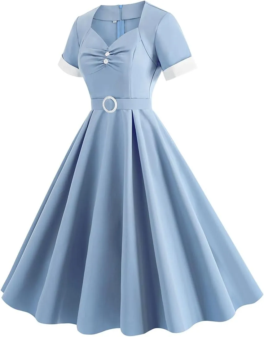 Women's 1950s Retro Dress Short Sleeve Swing Midi Dress Cocktail Dress 50s Style Dresses for Women Vintage