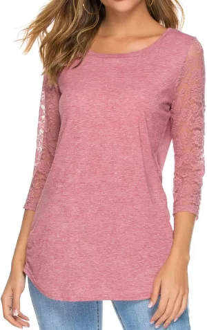 Women's 3/4 Lace Sleeve Round Neck T-Shirt Casual Blouses Tunics Tops