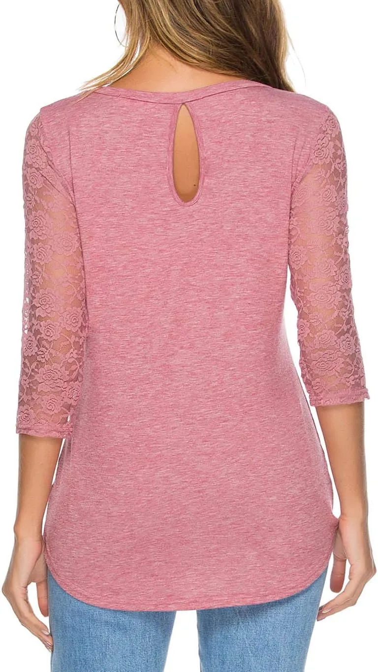 Women's 3/4 Lace Sleeve Round Neck T-Shirt Casual Blouses Tunics Tops