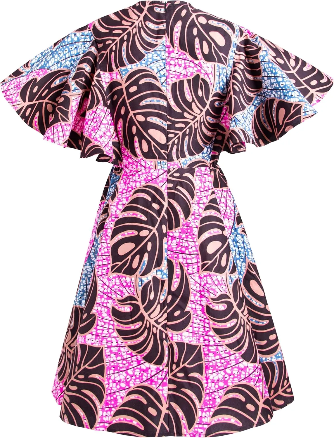 Womens African Vintage Ruffle Trim Sleeve Ankara Tunic Swing Dress