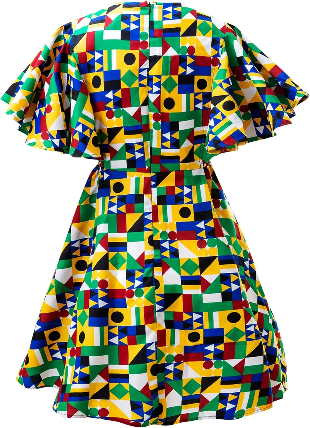 Womens African Vintage Ruffle Trim Sleeve Ankara Tunic Swing Dress