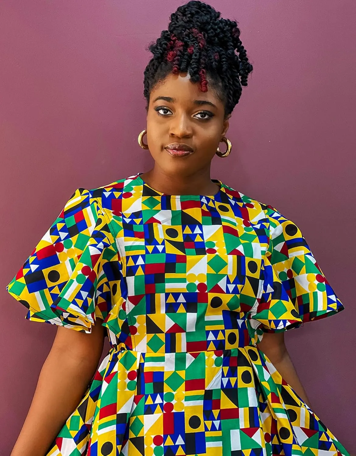 Womens African Vintage Ruffle Trim Sleeve Ankara Tunic Swing Dress
