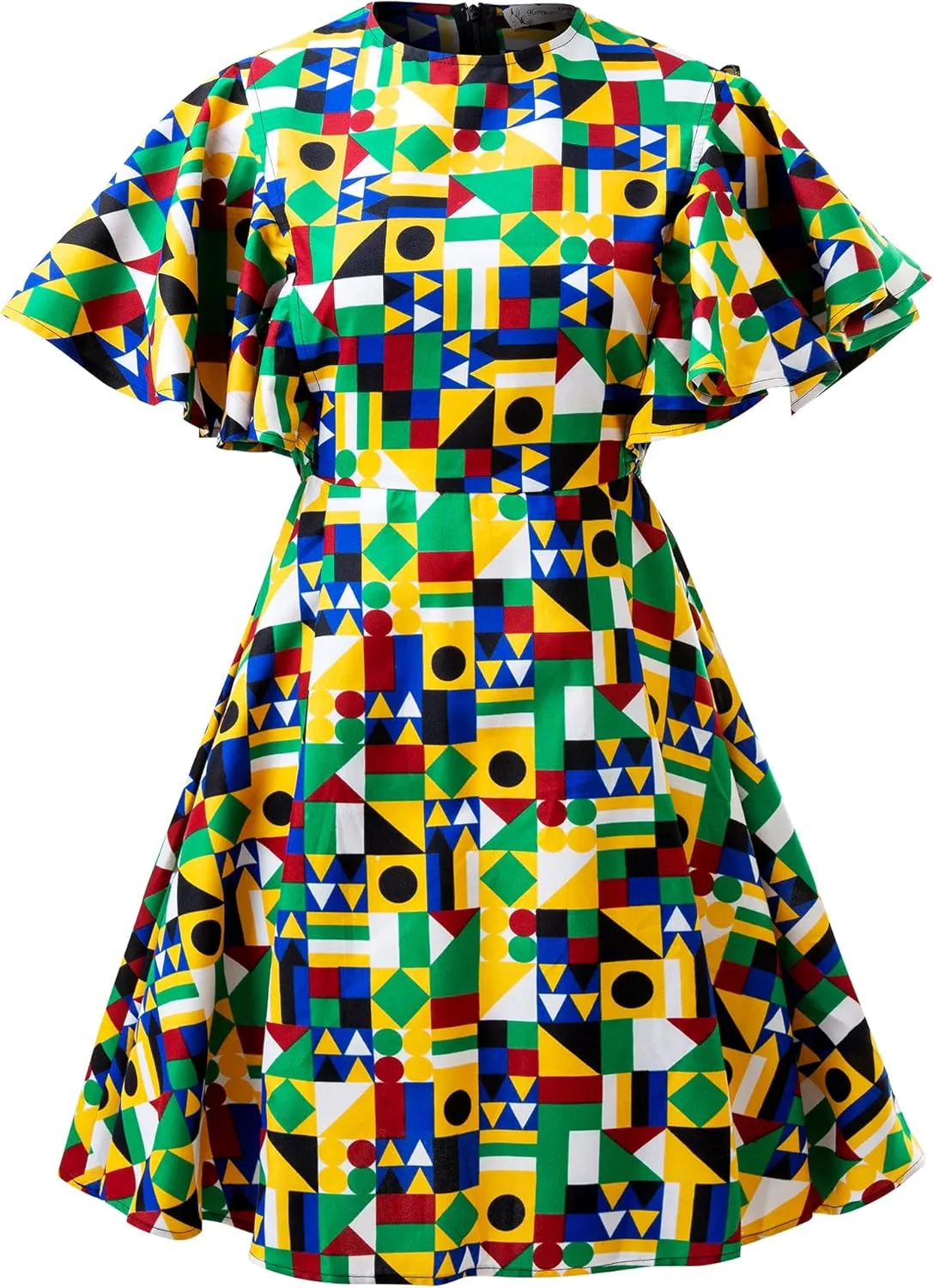 Womens African Vintage Ruffle Trim Sleeve Ankara Tunic Swing Dress