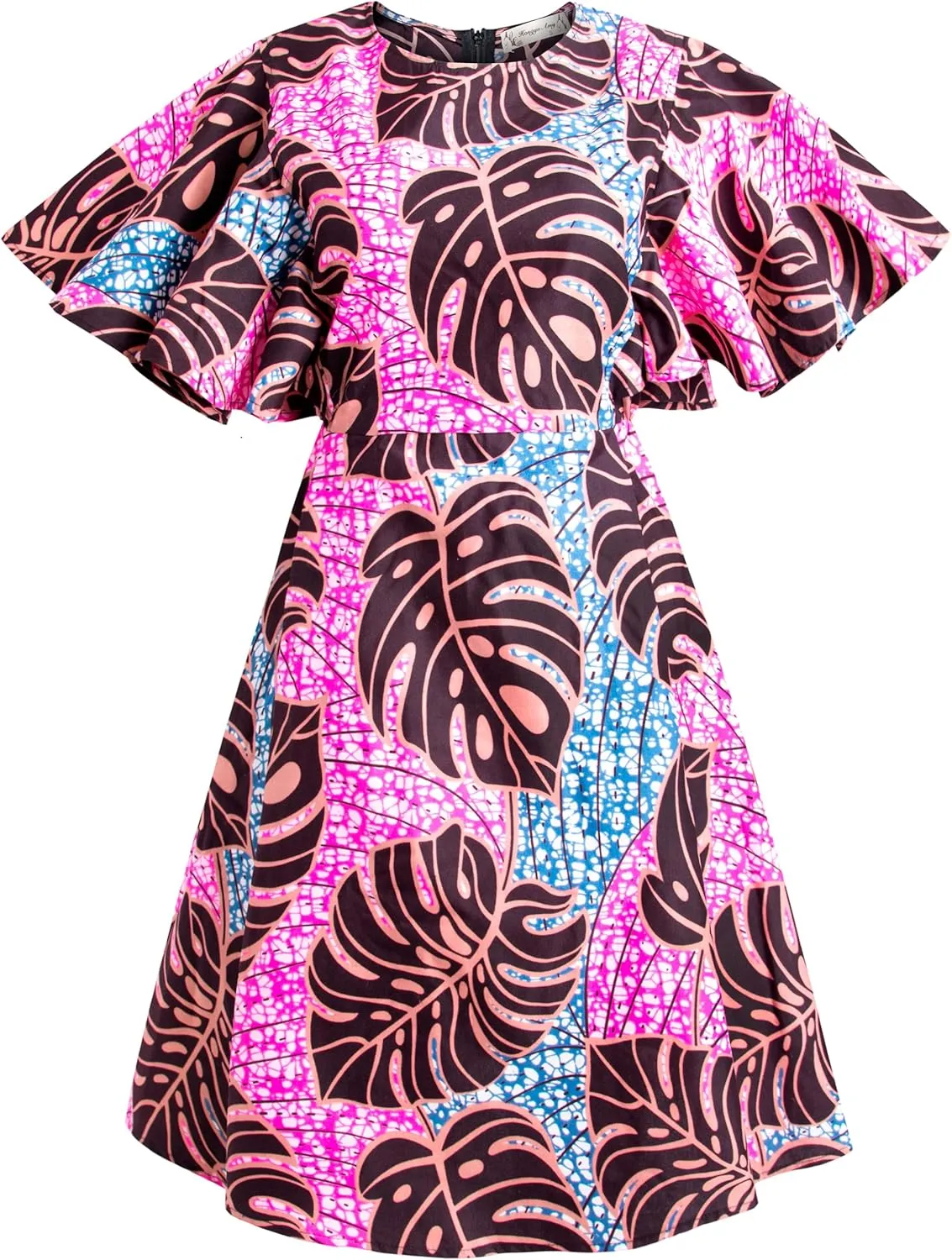 Womens African Vintage Ruffle Trim Sleeve Ankara Tunic Swing Dress