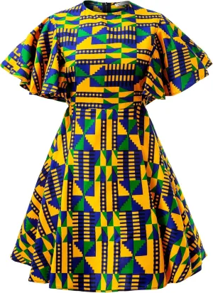 Womens African Vintage Ruffle Trim Sleeve Ankara Tunic Swing Dress