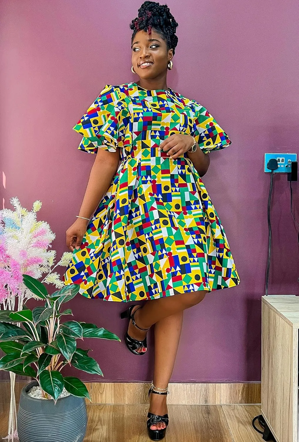 Womens African Vintage Ruffle Trim Sleeve Ankara Tunic Swing Dress