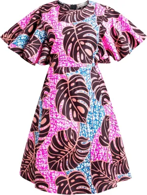 Womens African Vintage Ruffle Trim Sleeve Ankara Tunic Swing Dress