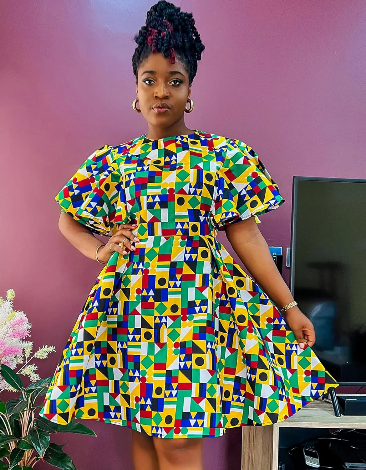 Womens African Vintage Ruffle Trim Sleeve Ankara Tunic Swing Dress