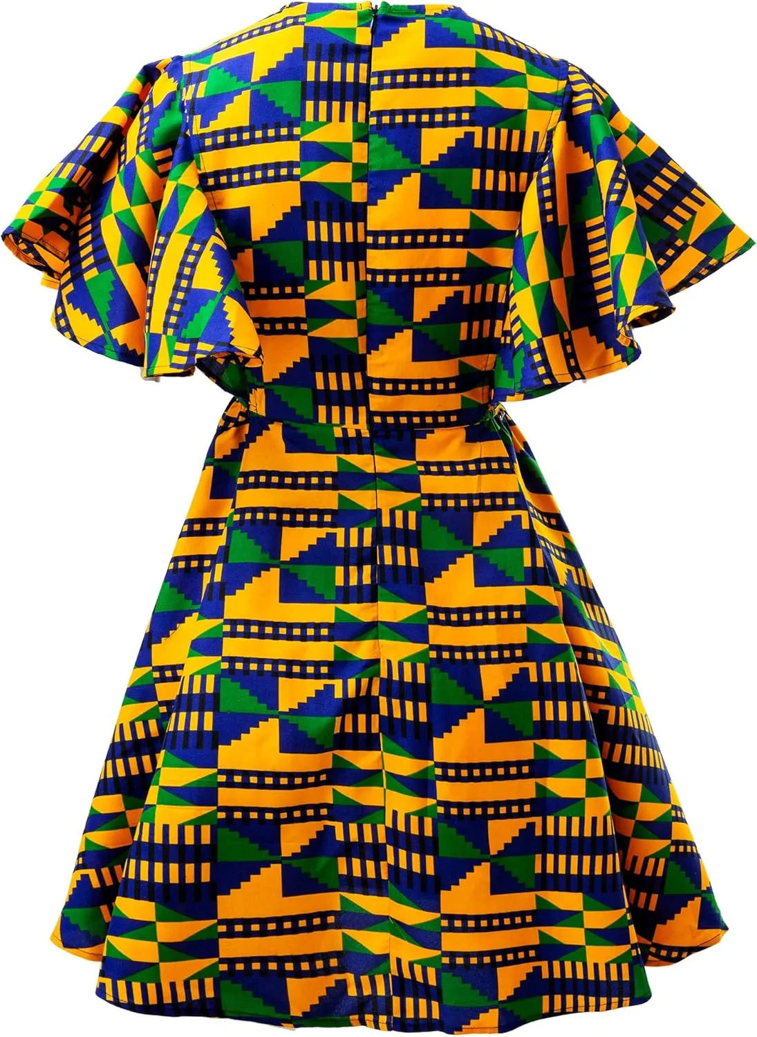 Womens African Vintage Ruffle Trim Sleeve Ankara Tunic Swing Dress
