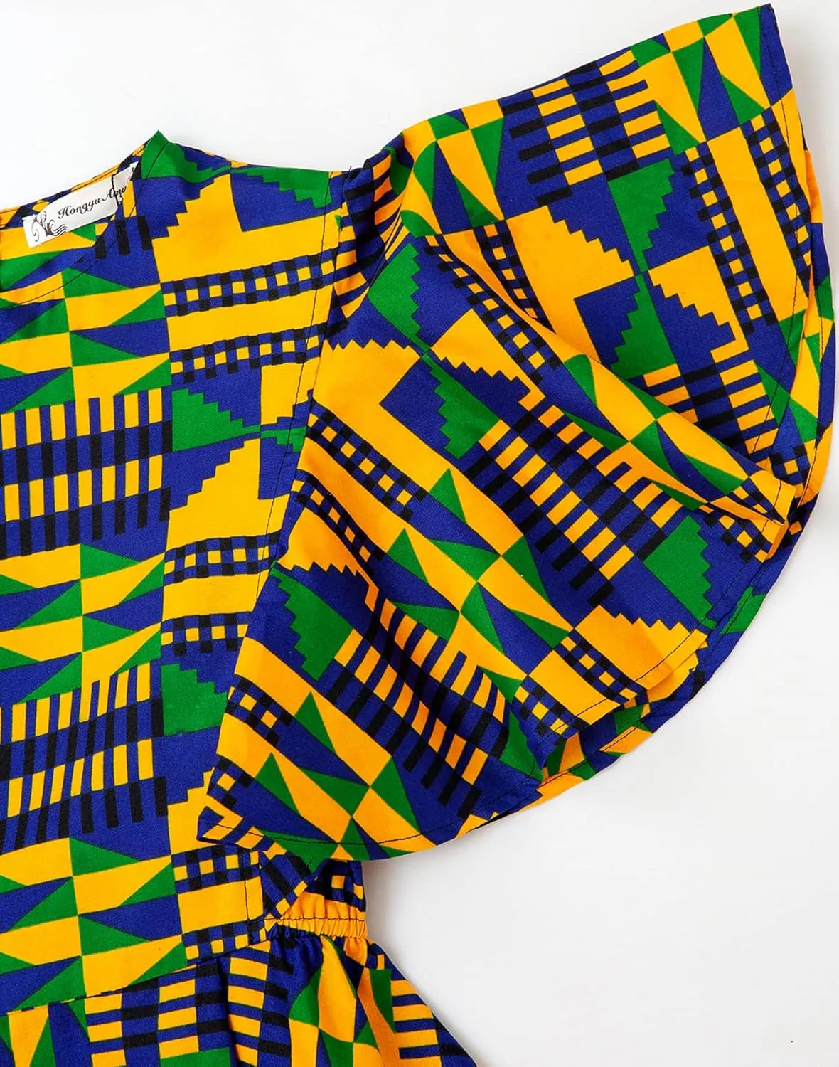 Womens African Vintage Ruffle Trim Sleeve Ankara Tunic Swing Dress
