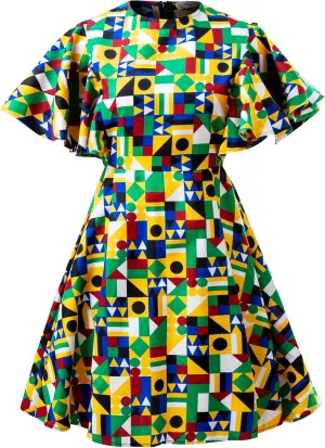 Womens African Vintage Ruffle Trim Sleeve Ankara Tunic Swing Dress