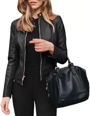 Women's Black Genuine Sheepskin Leather Biker Jacket - Slim Fit, Retro Stand Collar, Classic Moto Rider Style