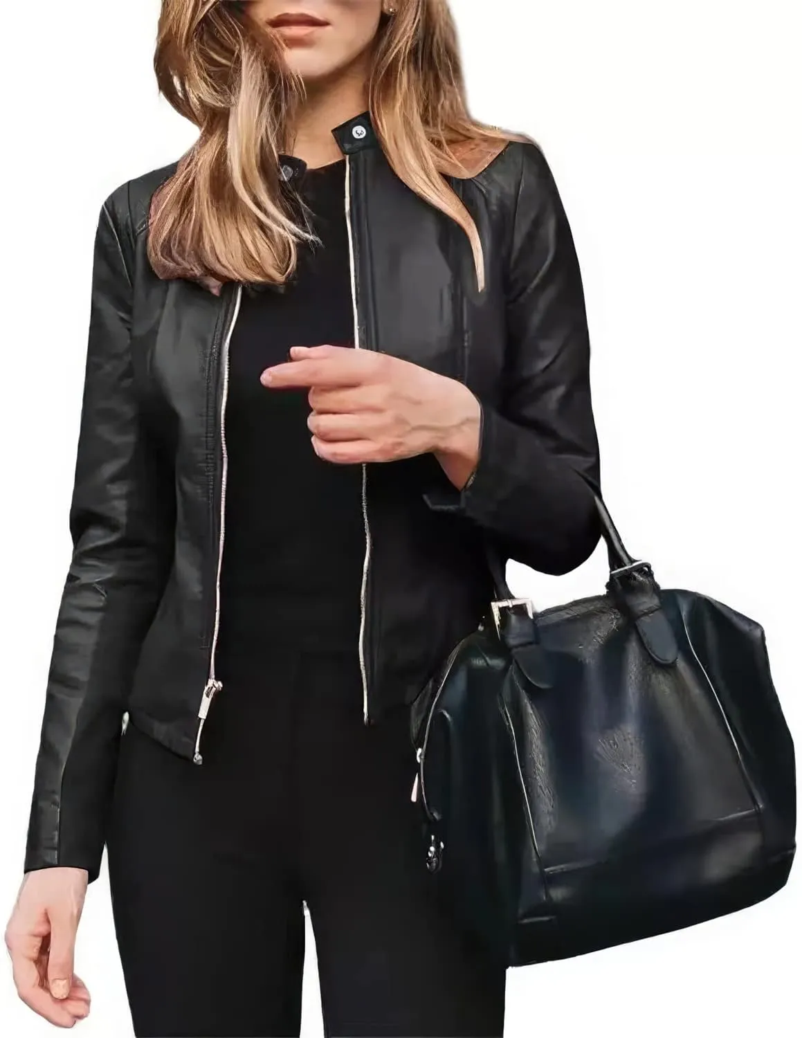 Women's Black Genuine Sheepskin Leather Biker Jacket - Slim Fit, Retro Stand Collar, Classic Moto Rider Style