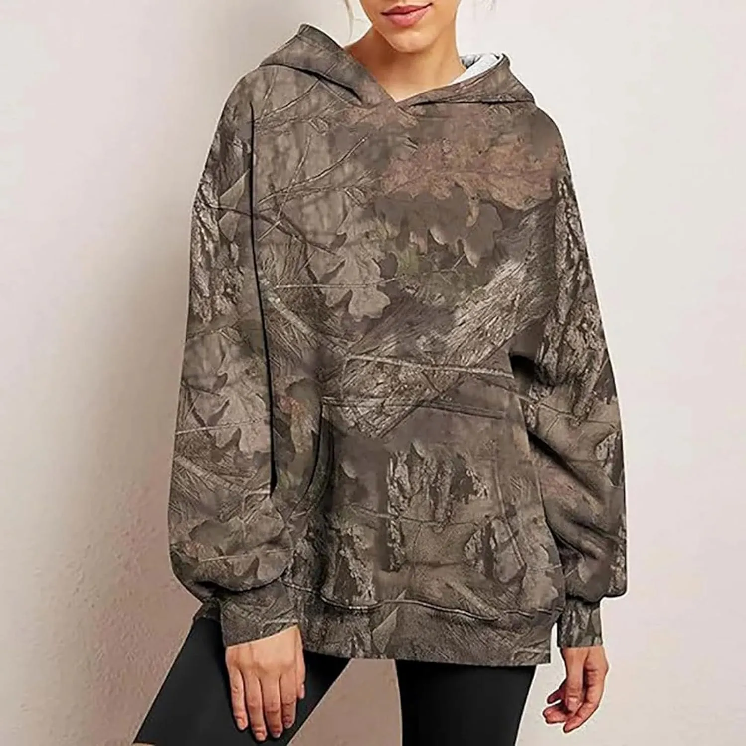 Women's Camo Hoodie Oversized Sweatshirt Maple-Leaf Print Long Sleeve Hoodies With Pocket Casual Fall Pullover