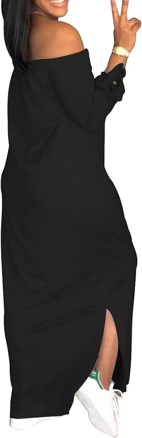 Women's Casual Off Shoulder Maxi Dress - African Print Summer Loose Long Sleeve Tunic T Shirt Dresses with Pockets
