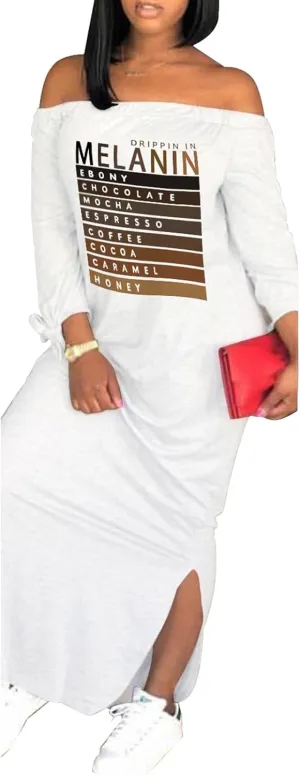 Women's Casual Off Shoulder Maxi Dress - African Print Summer Loose Long Sleeve Tunic T Shirt Dresses with Pockets
