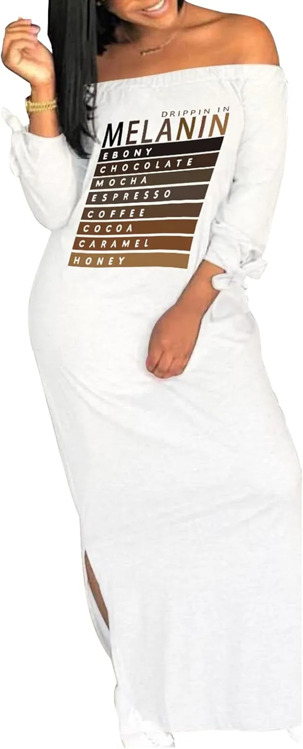 Women's Casual Off Shoulder Maxi Dress - African Print Summer Loose Long Sleeve Tunic T Shirt Dresses with Pockets