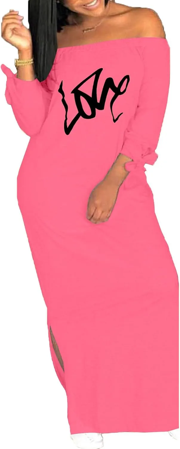 Women's Casual Off Shoulder Maxi Dress - African Print Summer Loose Long Sleeve Tunic T Shirt Dresses with Pockets