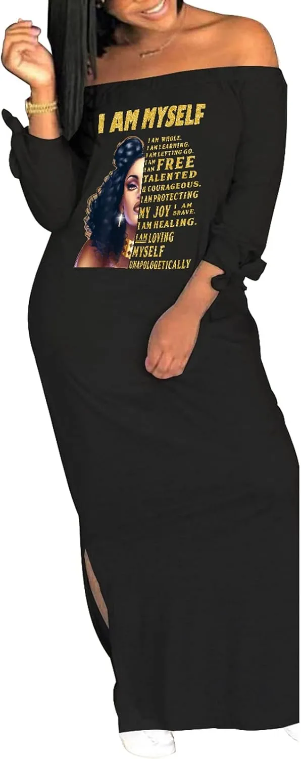 Women's Casual Off Shoulder Maxi Dress - African Print Summer Loose Long Sleeve Tunic T Shirt Dresses with Pockets