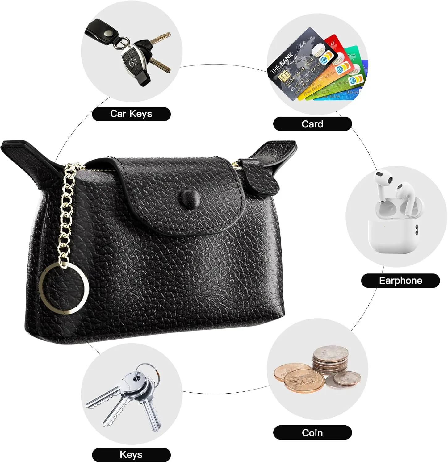 Women's Coin Purse with KeyChain, LongChamp Mini Bag with Zipper - Wristlet Wallets for Men & Women