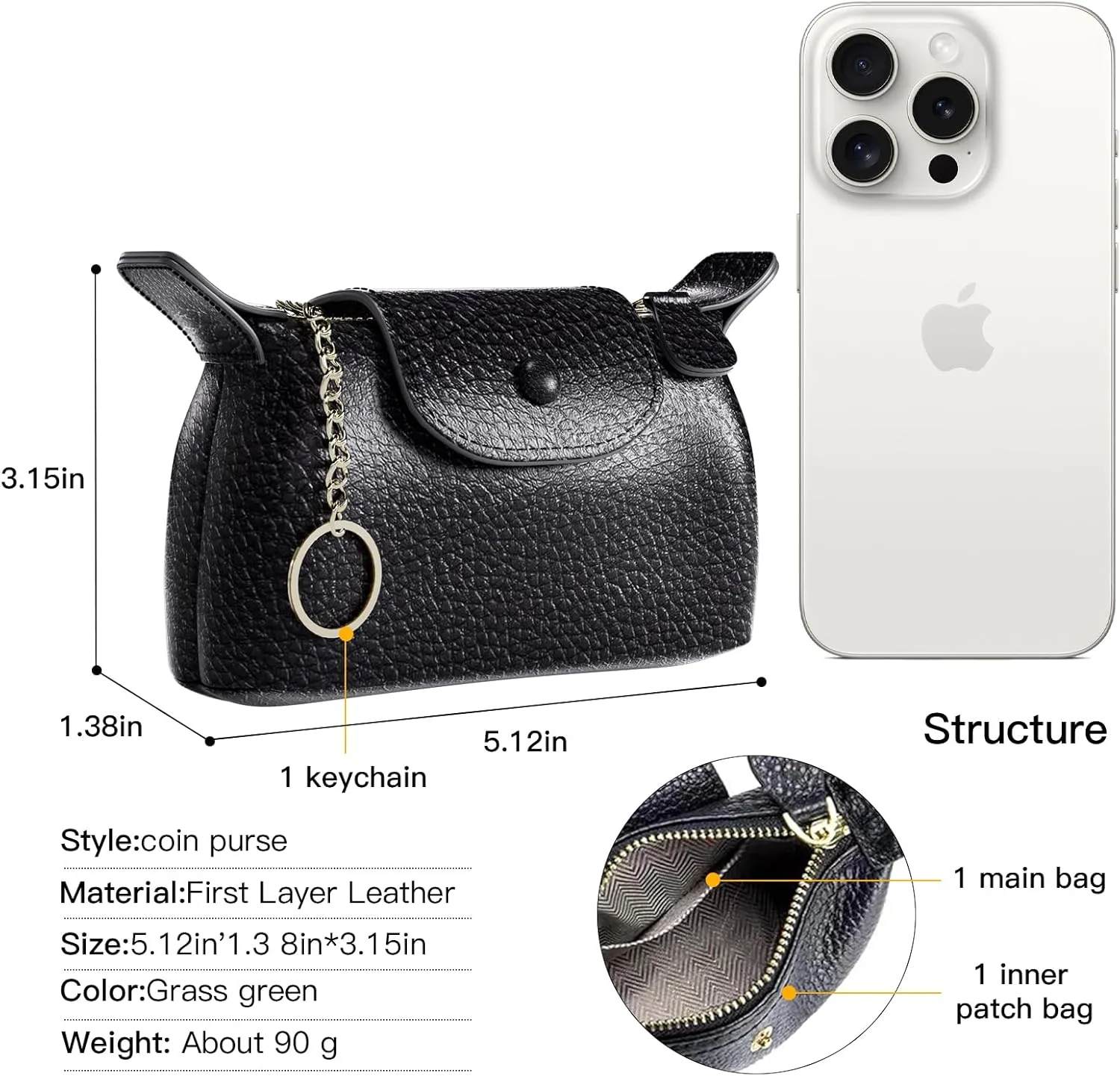 Women's Coin Purse with KeyChain, LongChamp Mini Bag with Zipper - Wristlet Wallets for Men & Women