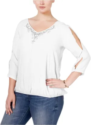 Womens Cold-Shoulder Pullover Blouse, White, Plus Size, XXX-Large