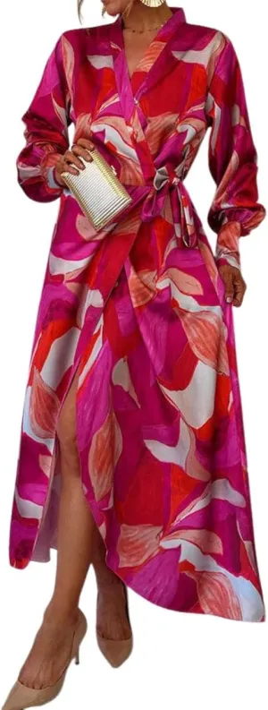 Women's Elegant Floral Print Long Sleeve Wrap Maxi Dress Spring Summer Wedding Guest Dress with Adjustable Waist