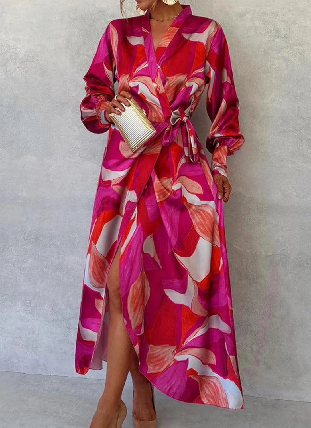 Women's Elegant Floral Print Long Sleeve Wrap Maxi Dress Spring Summer Wedding Guest Dress with Adjustable Waist