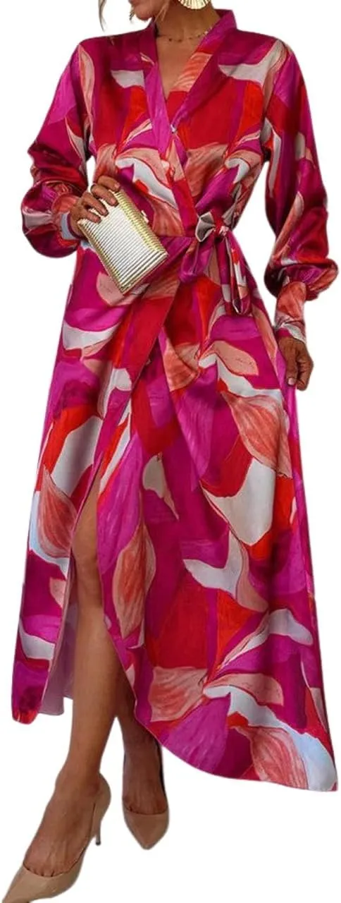 Women's Elegant Floral Print Long Sleeve Wrap Maxi Dress Spring Summer Wedding Guest Dress with Adjustable Waist