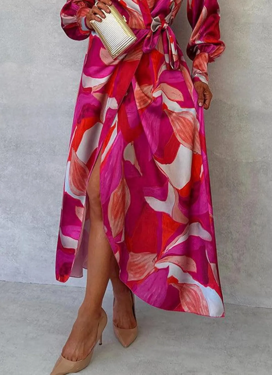 Women's Elegant Floral Print Long Sleeve Wrap Maxi Dress Spring Summer Wedding Guest Dress with Adjustable Waist