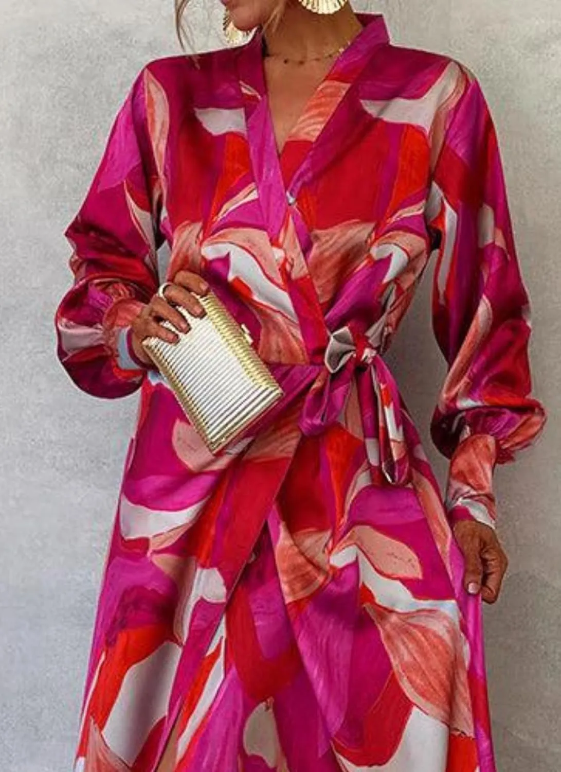 Women's Elegant Floral Print Long Sleeve Wrap Maxi Dress Spring Summer Wedding Guest Dress with Adjustable Waist