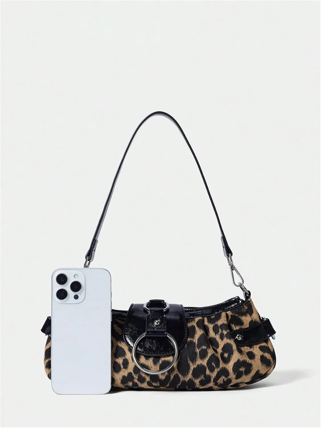 Women's Leopard Print Shoulder Bag Grunge Ruched Buckle Small Hobo Bag Vintage Zipper Underarm Bags