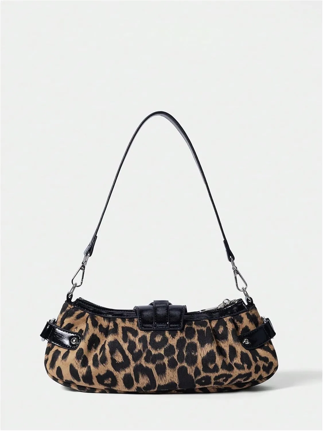 Women's Leopard Print Shoulder Bag Grunge Ruched Buckle Small Hobo Bag Vintage Zipper Underarm Bags
