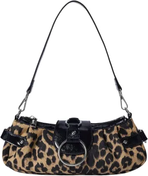 Women's Leopard Print Shoulder Bag Grunge Ruched Buckle Small Hobo Bag Vintage Zipper Underarm Bags