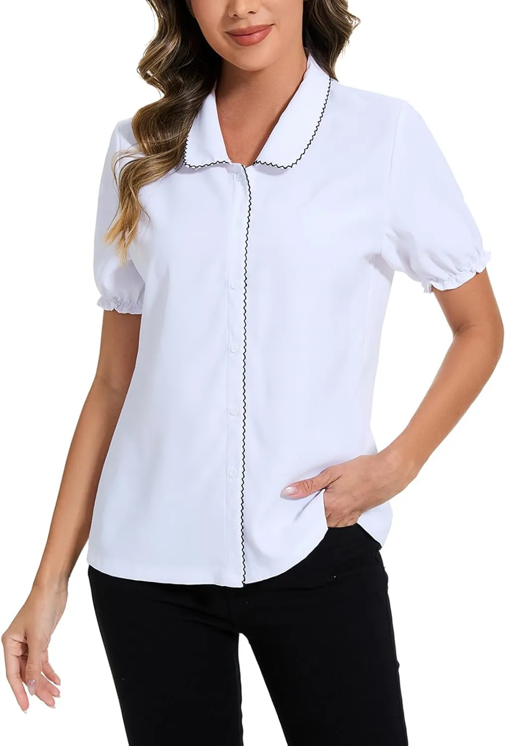 Women's Peter Pan Collar Blouse Crochet Trim 2025 Vintage Work Puff Short Sleeve Button Down Shirt