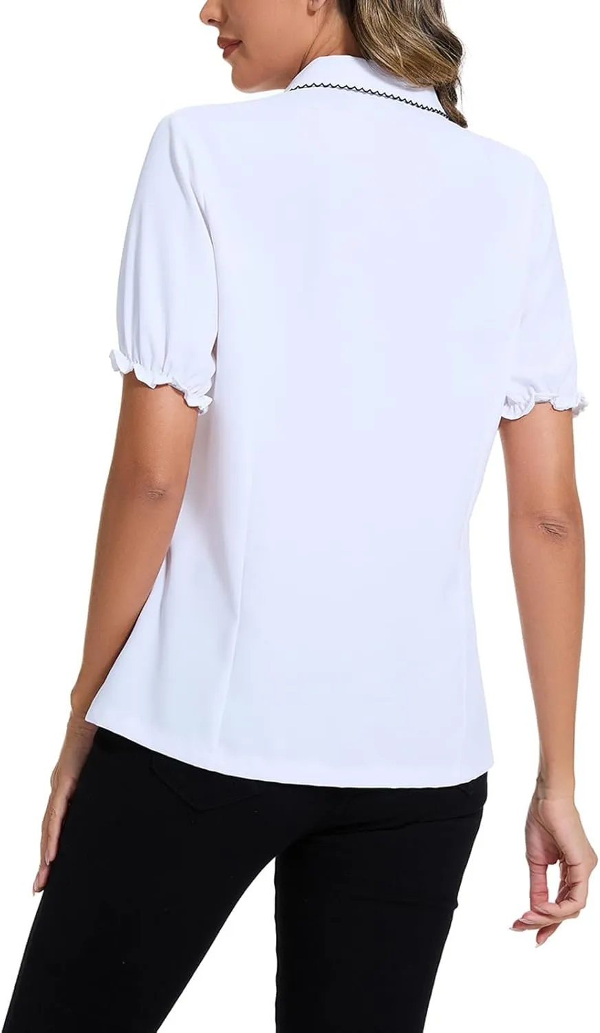 Women's Peter Pan Collar Blouse Crochet Trim 2025 Vintage Work Puff Short Sleeve Button Down Shirt