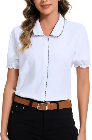Women's Peter Pan Collar Blouse Crochet Trim 2025 Vintage Work Puff Short Sleeve Button Down Shirt