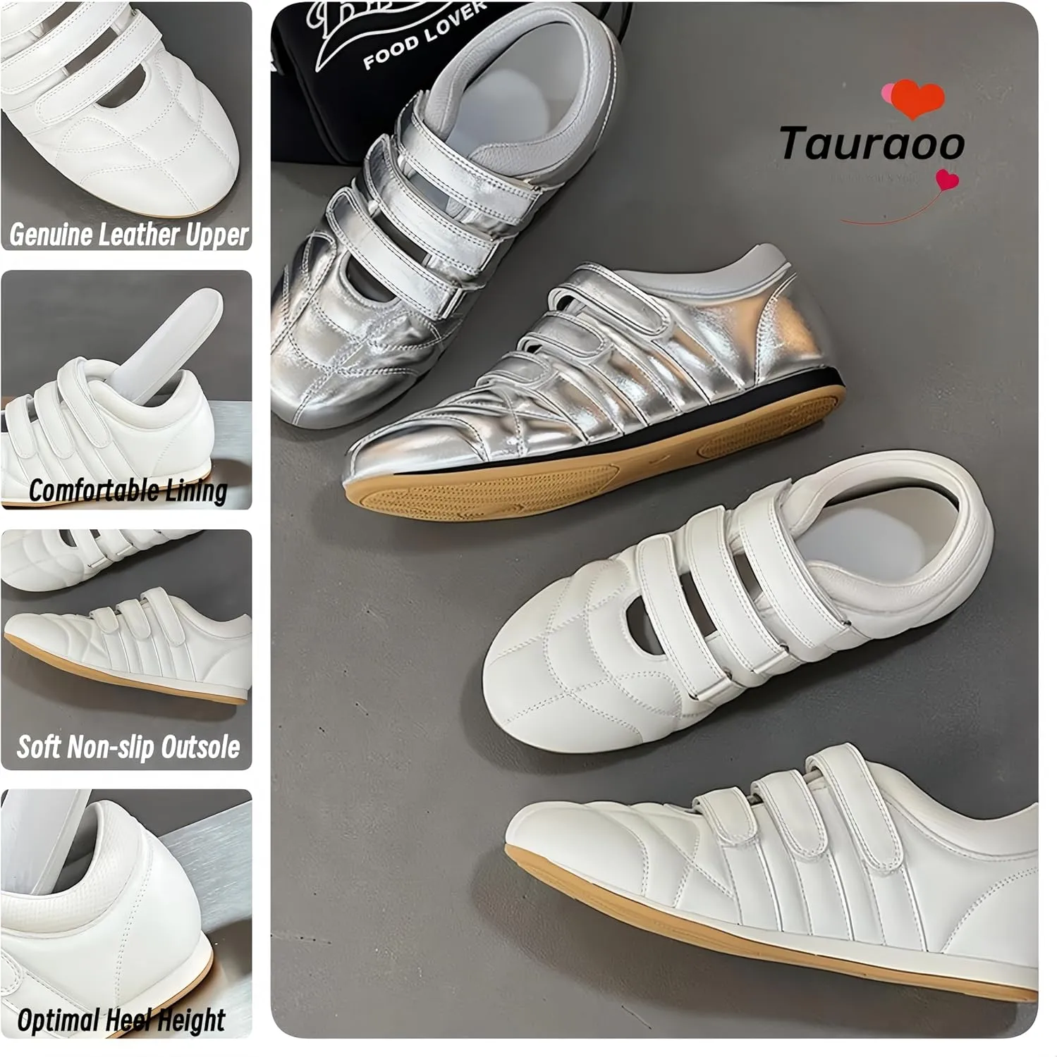 Women's Retro Trainers - Genuine Leather, Hook & Loop Fastener Soft Rubber Anti-Slip Sole Skin-Friendly Lining, Minimalist & Versatile