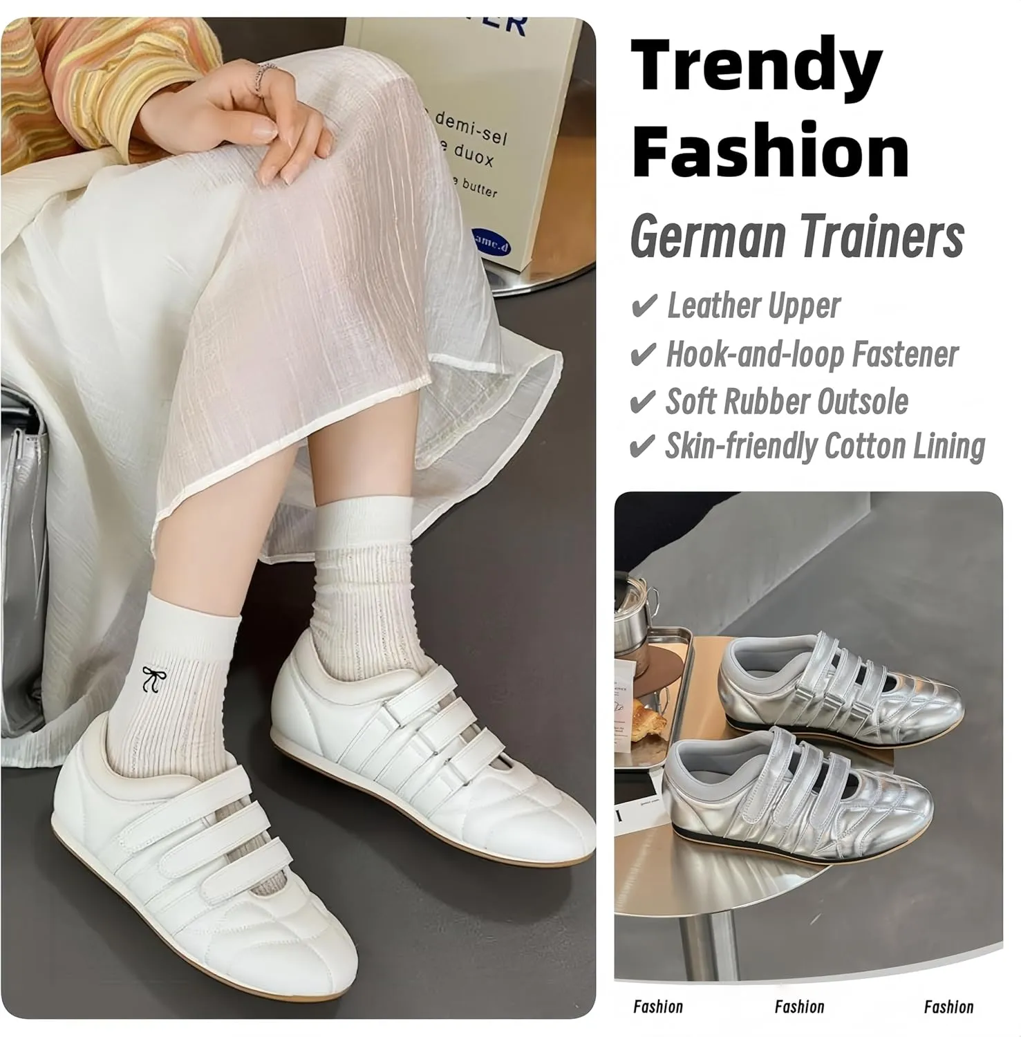 Women's Retro Trainers - Genuine Leather, Hook & Loop Fastener Soft Rubber Anti-Slip Sole Skin-Friendly Lining, Minimalist & Versatile